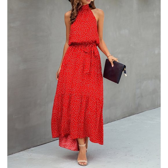 MBM Unlimited Dresses & Skirts - Red Polka Dot Halter Flounce Maxi Dress